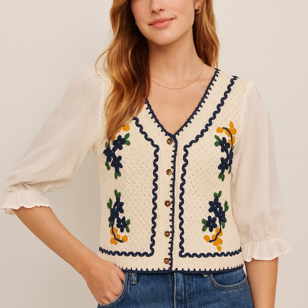 Knit‎ Crochet Button Blouse Women’s XS White Puff Sleeve Embroidered Cottagecore